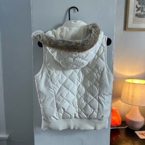LOFT Cream Quilted Vest with Detachable Fur Hood